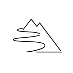 a mountain logo with the shape of a wave and mountains in the background, on a white background