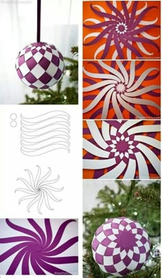 the process to make an ornament is shown in purple, white and orange