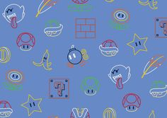 a blue background with many different types of objects and shapes on it's surface