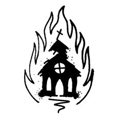 a black and white drawing of a church with flames coming out of the front window