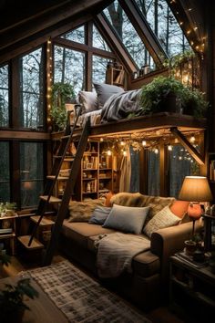 a loft bed with stairs and lights in the ceiling is decorated with plants, bookshelves, and pillows