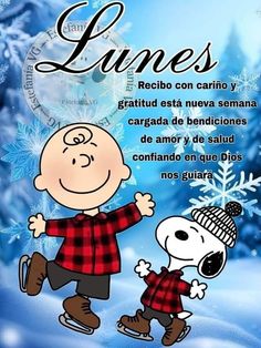 a charlie brown christmas card with a cartoon character and snowflakes in the background