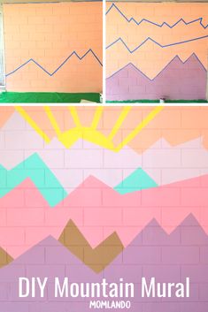 three pictures of mountains painted on the side of a brick wall with text that reads diy mountain mural