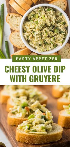 party appetizer cheesy olive dip with gruyere and bread slices