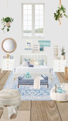 a bedroom with white furniture and plants hanging from the ceiling, on top of a wooden floor