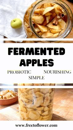 an image of fermented apples in a jar with text overlay that reads fermented apples probiotic nourishing simple