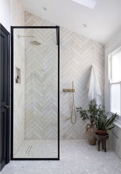 a bathroom with a walk in shower next to a window and potted plants on the floor