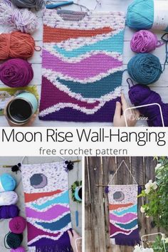 the moon rise wall hanging crochet pattern is shown with yarn and yarn balls