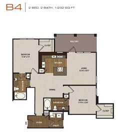 the b4 floor plan is shown with two bedroom and one bathroom, an attached living room