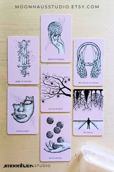 four cards with images of people and trees on them, all in different shapes and sizes