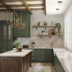 a large kitchen with green cabinets and marble counter tops, along with an island in the middle