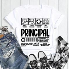 a white shirt with the words principals on it next to ripped jeans and black shoes