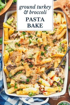 a casserole dish filled with ground turkey and broccoli pasta bake