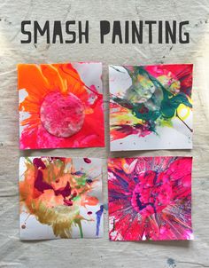 four square pieces of paper with different colored paint designs on them and the words smash painting written in black