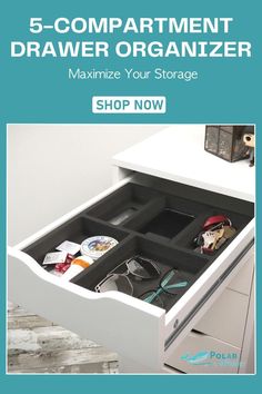 the drawer organizer is open to show what's in it and how to use it