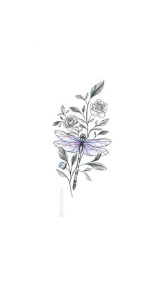 a drawing of a dragonfly sitting on top of flowers