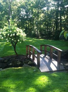 a wooden bridge over a small pond in a park with flowers on the trees and grass