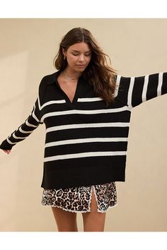 The best of both worlds! unREAL sweater fabric is super cozy AND breathable./Open placket neckline/Exposed seaming deets/Ribbed trim at cuffs and hem/Accessibility deets: over-the-head access & a wide neck for easier on/off! Casual Tops With Striped Cuffs For Fall, Knit Tops With Striped Cuffs For Winter, Winter Knit Tops With Striped Cuffs, Casual Black Sweater With Striped Cuffs, Fall Tops With Striped Cuffs And Relaxed Fit, Casual Fall Sweater With Striped Cuffs, Long Sleeve Tops With Striped Cuffs For Layering, Sweater Fabric, Polo Sweater