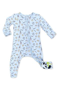 Your little one will love the fit and feel of this footie that converts to pajamas for day and night comfort. Cut from fabric made specially for sensitive skin, this snackilicious style will be a play-all-day, sleep-all-night favorite. This item is designed to fit snugly, as it is not flame-resistant Two-way zip closure with chin guard Fold-over cuffs on sizes Newborn to 3–6 months help prevent accidental scratches 95% rayon, 5% spandex Machine wash, tumble dry Imported Kids' Wear OEKO-TEX®–cert Blue Convertible, Baby Gift Registry, Kids Milk, Blue Bamboo, Footie Pajamas, Milk And Cookies, Footie Pajama, Milk Cookies, Milk N Cookies