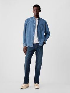 Fit: Slim through the hip & thigh with a straight leg.  Fabric: 12. 5 oz 354 g) stretch denim. ​ Stretch: GapFlex Medium Stretch.  Made for all-day flexibility & ease. ​Looks authentic.  Feels lived in.  Won't stretch out. ​ Look: A five-pocket  jean in assorted washes.  ​ Details: Zip fly & five-pocket styling. ​ Responsibly Made: This pair of jeans is part of our water-saving Washwell program.  Compared with conventional wash methods, Washwell uses at least 20% less water and has saved over a Water Saving, Mens Straight Jeans, Dark Indigo, Dark Wear, Best Jeans, Mid Rise Jeans, Pocket Jeans, Straight Jeans, Put On