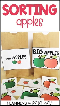 some sort of sorting apples with the words sorting apples on them and an apple bag next to it