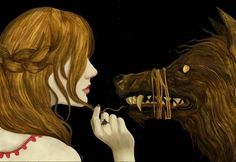 a painting of a woman and a bear biting each other's teeth