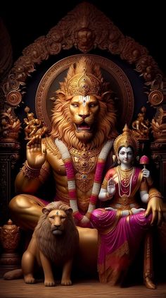 an image of a lion sitting on top of a throne next to a man and woman