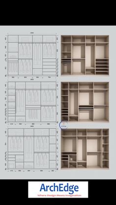 three shelves with different sizes and measurements for each shelf in the same room, one is empty