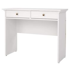 a white desk with two drawers on the top and one drawer at the bottom, in front of a white background