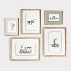 four framed pictures with different types of vehicles on them