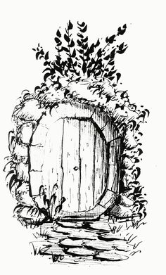 black and white drawing of an old door in the woods with vines growing out of it