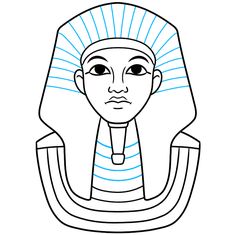 an egyptian pharaoh mask with blue lines on the face and neck, in front of a white background