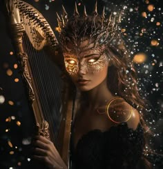 a woman wearing a mask and holding a harp in front of her face with lights behind her