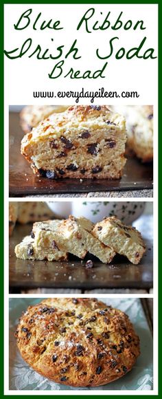 blue ribbon irish soda bread with chocolate chips on top and in the background, there is a