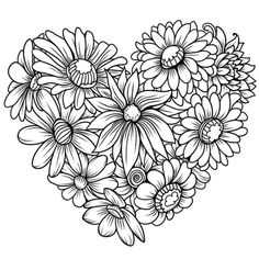 a heart made out of flowers with black and white lines on the bottom, in the shape