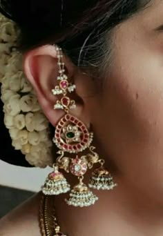 Bridal Gold Earrings Indian Design, Ear Mattal Gold, Kundan Chandbali Earrings Gold, Mattal Earrings, Earchains Gold, Maatilu Designs, Jumka Gold Designs, Maatilu Gold