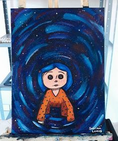 a painting of a girl with blue hair in the middle of a swirly night sky