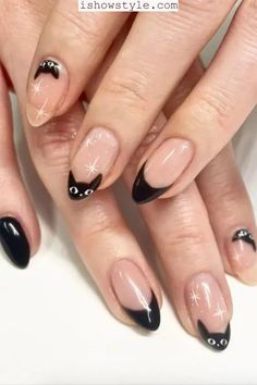 Acrylic Nails Cat Design, Silly Nail Designs, Calico Cat Nails, Cat Inspired Nails, Simple Black Nail Art, Silly Nails, Black Cat Nails, Cat Claw Nails, Cat Nail Designs