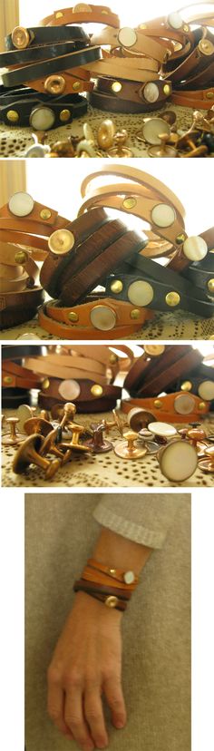 How to make your own leather )& other materials) bracelets Jewerly Making, Leather Projects, Leather Wrap Bracelet, Leather Diy, Diy Accessories, Leather Jewelry