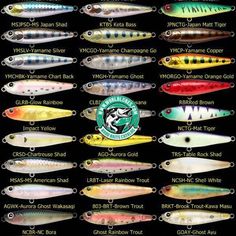 different types of fishing lures and their names on a black background with white lettering