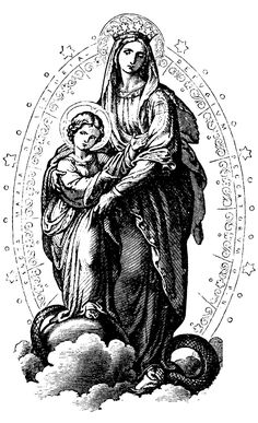 the virgin mary and child jesus with stars around it, vintage line drawing or engraving illustration