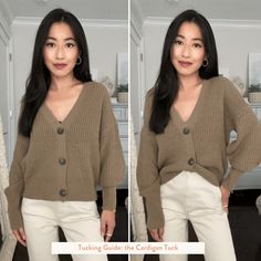 How to tuck a chunky knit sweater Chunky Cardigan Outfit Winter, Chunky Cardigan Outfit Aesthetic, Cardigan Tucked In, Button Cardigan Sweater Outfit, How To Tuck In A Cardigan, How To Style Button Up Cardigan, Buttoned Sweater Outfit, Button Up Cardigan Hacks, Button Cardigan Hack