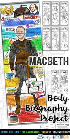 an image of a poster with the words macbeth and pictures of characters on it in black and white