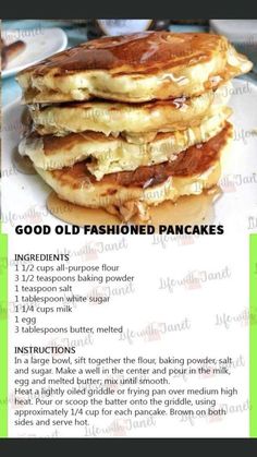 pancakes are stacked on top of each other with the words good old fashioned pancakes below