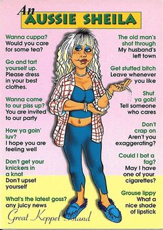 a poster with the words aussie sheila on it and an image of a woman in blue