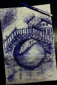 a drawing of a bridge over a body of water