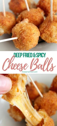 deep fried and spicy cheese balls with toothpicks