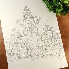 Laxmi Ganesh Drawing, Laxmi Sketch, Laxmi Mata Drawing, Laxmi Ganesh Saraswati, Laxmi Ganesh, Book Painting, Ganesha Drawing