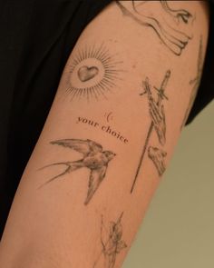 a woman's arm with tattoos on it that says your choice and birds flying around