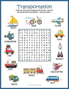 the transportation word search is shown in blue